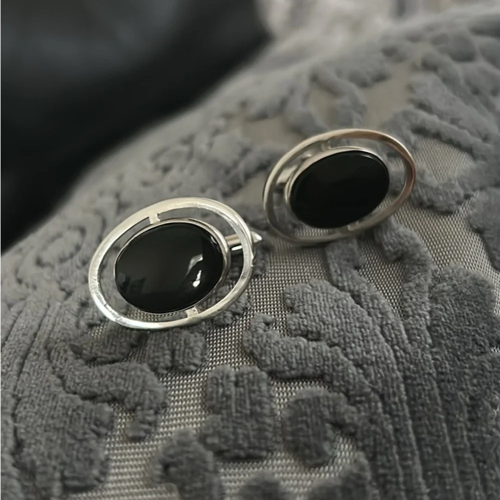 Silver and Black Oval Cufflinks - Swank